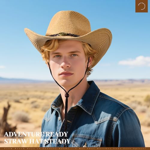 Image of Western Straw Cowboy Hat for Women Beach Sun Hat for Men Wide Brim Fedora Hat Cowgirl Hats Summer Panama Hat