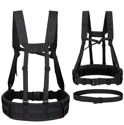 JFFCESTORE Military Waist Belt Multi-Purpose Molle Padded Patrol Belt with H Harness Suspenders Outdoor Sports Equipment (Black)