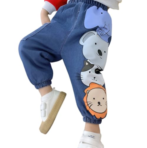 Image of Googo Gaaga Boys Denim Joggers | Soft cotton denim trousers for boys & girls with fun prints, mid-rise fit, elastic waistband, and comfort for everyday wear.