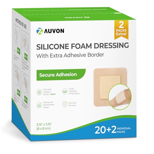 Image of AUVON Silicone Foam Dressing with Large Adhesive Border, 3 inch x 3 inch 22 Packs Wound Dressing Bandage with High Absorbency, Waterproof Silicone Foam Pads for Wound Care, FSA /HSA Eligible