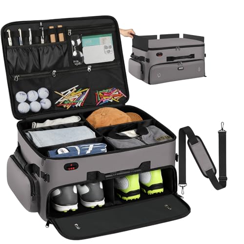 Organiseur de coffre de golf extra large 2 couches étanche pour 2 paires de chaussures et balles