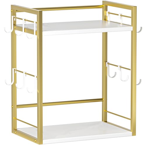 Dorhors 2 Tier Coffee Bar Accessories and Organizer,Multi-functional Mug Holder with 12 Hooks,Wood Coffee Station Organizer,Kitchen Countertop Shelf (Gold + White)