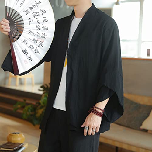 HZCX FASHION Men\'s Kimono Cardigan Lightweight Jackets Linen Haori Samurai Robe(Black,S) - Thumbnail 3