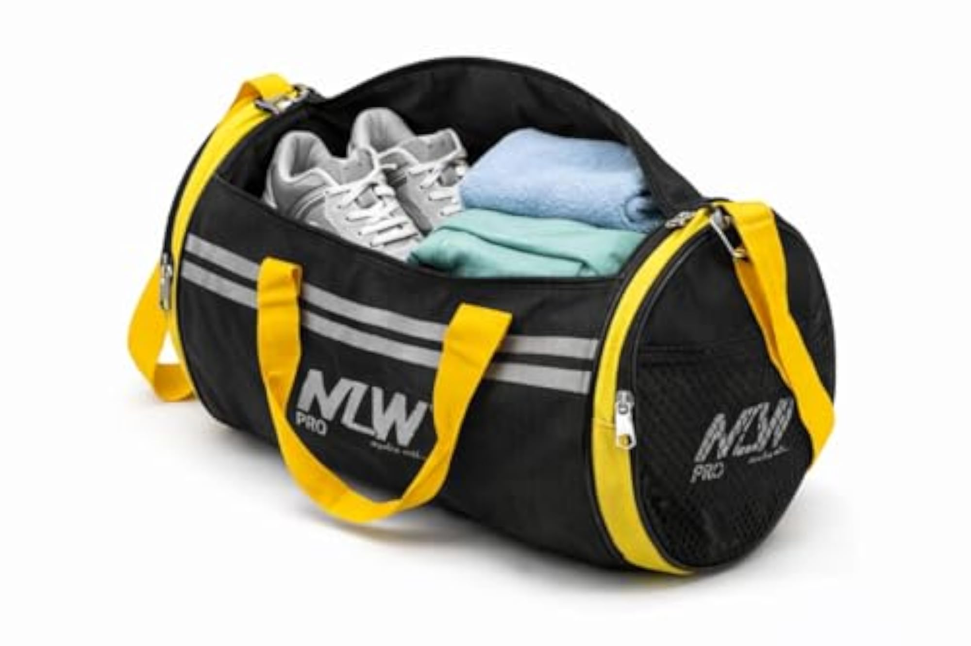 Gym Duffel Bag, Black and Yellow, Reflective Stripes