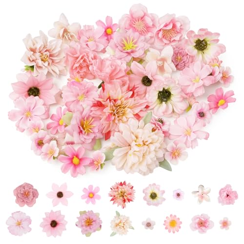 Alaoo 56Pcs Flower Heads Decorations, Multi-color Artificial Flower, Small Decorative Flowers for Craft DIY Wreath Gift,Wedding Art Party Home Garden Decoration, Pink Style