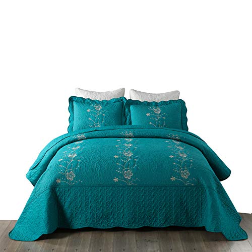 Marcielo 3 Piece Lightweight Bedspread Quilt Set Microfiber Quilt Embroidered Bedspreads Bed Coverlet Set, Lapaz (Teal, Queen) #TOP15