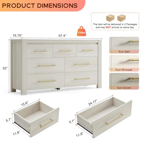 Image of 7 Drawer Dresser for Bedroom, 57.4 inch Wide Modern Chest of Drawers, Wooden Large Storage Cabinet with Sturdy Construction, TV Stand for Living Room, Hallway, Dining Room, Office (Cream White)