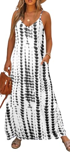 Image of Bluetime Women Summer Spaghetti Strap Maxi Dress V-Neck Sleeveless Flowy Boho Floral Beach Long Dress with Pockets