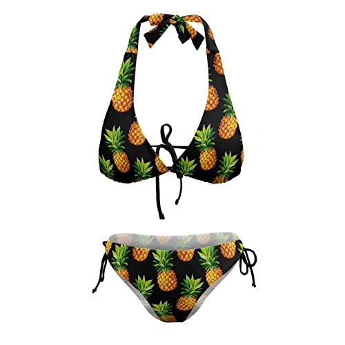 Skt T1 Women's Bikini Set Two Piece Pineapple Swimsuits Summer Hawaiian Pineapples Fruit On Black Bathing Suits For Women Girls, Adjustable Triangle Halter Bikini Tops High Waist Novelty Swimwear M #TOP4