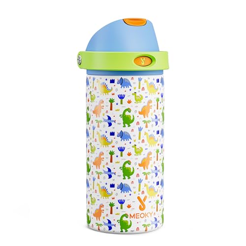 Image of 18 oz Insulated Water Bottle for Sports: Meoky Stainless Steel Kids Water Bottle with 2-in-1 Straw and Spout Lid - Leak Proof, Fits in Car Cup Holder, BPA-Free for School Gym Travel, Dinosaur Party