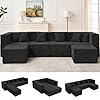 MONVANE Modular Sectional Cloud Couch for Living Room - 130'' 6 Seater Convertible Chenille Couches Set with Ottoman, No Assembly Compression Sofas, Comfy Floor Sofa with Memory Foam, Black