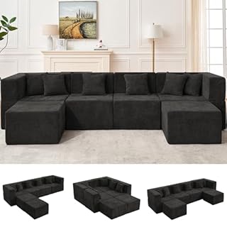 MONVANE Modular Sectional Cloud Couch for Living Room - 130'' 6 Seater Convertible Chenille Couches Set with Ottoman, No Assembly Compression Sofas, Comfy Floor Sofa with Memory Foam, Black