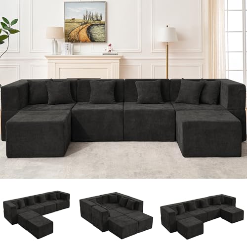 Image of MONVANE 130'' Modular Sectional Cloud Couch for Living Room, 6 Seater Convertible Chenille Couches Set with Ottoman & Pillow, No Assembly Compression Sofas, Comfy Floor Sofa with Memory Foam, Black