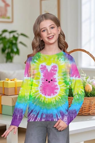 Image of LAZYCHILD Kids Easter Shirt Girls Happy Easter Shirts Rabbit Graphic Long Sleeve Striped Tee Tops 5-14 Years