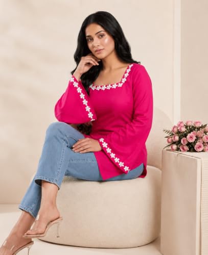 Image of MAHIRA'S Comfort Women's Short Kurti, Rayon Tunic Top with 3 /4 Embroidered Designer Sleeves | Soft Breathable Fabric | Office & Casual Kurti for Jeans, Leggings & Trousers