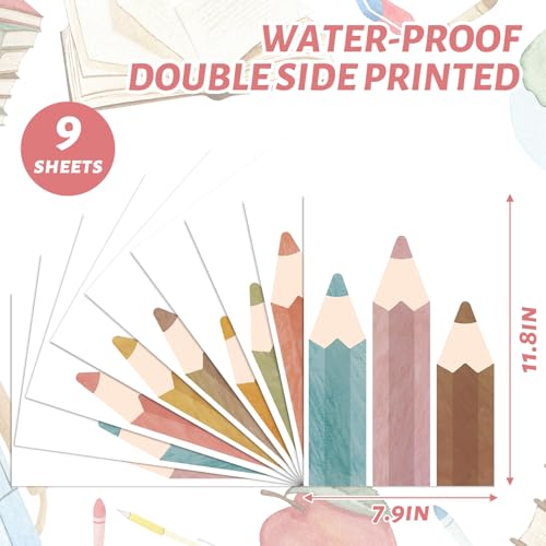 Image of Whaline 9 Sheets Boho Pencil Window Clings Back to School Watercolor Pencil Window Stickers Double-Sided Reusable Glass Decals for First Day of School Classroom Party Decoration