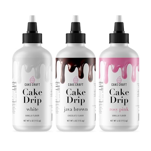 Cake Craft Cake Drip 3-Pack – Java Brown, Rosy Pink & White | Ready-to-Use Drip Icing for Cake Decorating | Vanilla & Chocolate Flavored | No Heating Required | 2oz Bottles
