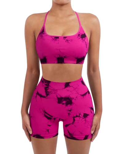 Image of SUUKSESS Women Seamless Workout Sets Strappy Sports Bra High Waist Booty Shorts Outfits