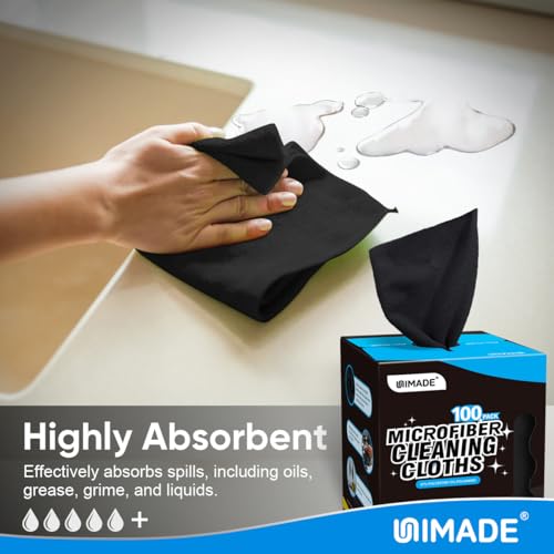 Image of UNIMADE Microfiber Cleaning Cloth, 100 Sheets Microfiber Towels for Cars | Commercial Grade Washcloths Lint-Free Bulk Shop Towel Cleaning Rags for Mechanic Garage Housekeeping, 11 inchx 9 inch, Black