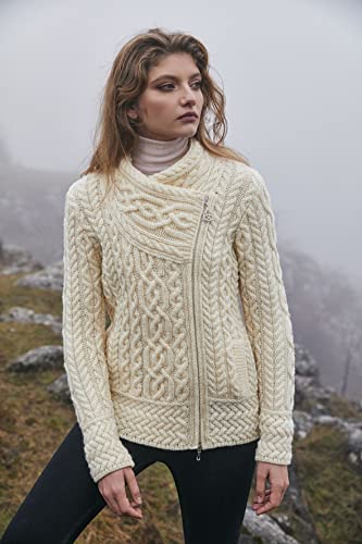 Image of SAOL Irish Cardigan for Women Made of 100% Merino Wool Ireland Sweater Cable Knit Zip Jacket