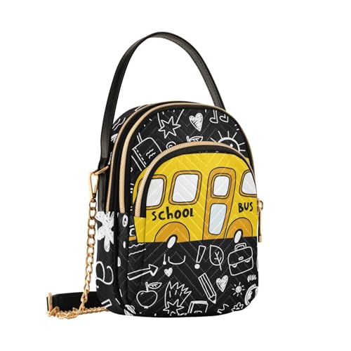 Vehicle Cell Phone Purse Yellow School Bus Black White Crossbody Handbag Durable Shoulder Bag Sturdy Travel Pouch Compact Chic Bag for Women Girlfriend Wife Xmas New Year Gift