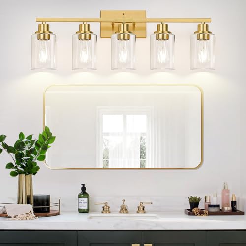 Image of Indoi 5-Light Bathroom Light Fixtures, Brushed Gold Modern Vanity Lights with Clear Glass Shades, Bathroom Wall Lamp for Mirror Living Room Cabinet Bedroom Porch