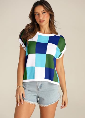 YEXIPO Womens Cap Sleeve Crop Tops Summer Color Block Crew Neck Lightweight Casual Knit Pullover Sweaters Trendy T Shirts3