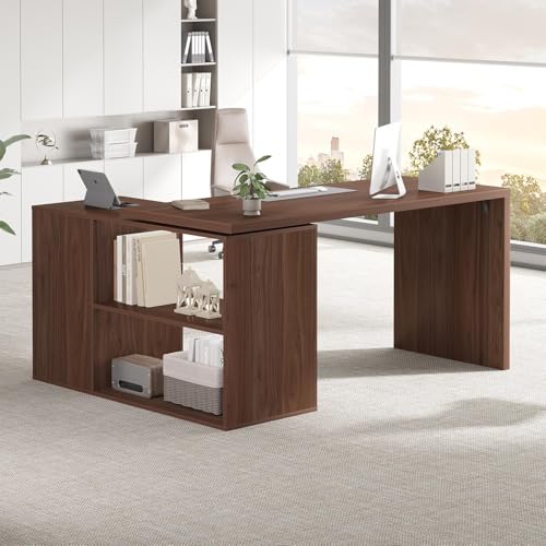 HSH 360 Rotating L Shaped Desk with Drawers, Walnut L Shape Computer Desk with Storage Cabinet Shelves, Rustic Home Office Desk for Executive Writing Study Work, Swivel Desk Wood Table, 55 Inch