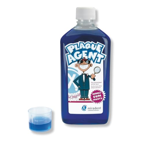 miradent Plaque Agent Zahnspüllösung 500 ml | zur Plaquekontrolle für Kinder | mit angenehmen Bubble Gum-Geschmack | gebrauchsfertig inkl. Dosierkappe | Erythrosinfrei | ohne Alkohol