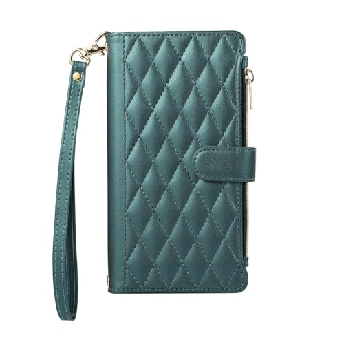 Étui iPhone 15 vert foncé en cuir avec fermeture éclair portefeuille à rabat porte-carte
