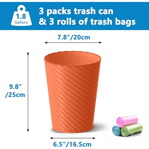 Image of Lysam Bathroom Trash Can, 3 Pack 1.8 Gallons Small Trash Can with Trash Bags, Bathroom Garbage Can, Plastic Trash Bin, Round Waste Basket for Bedroom, Office, Kitchen, Compact Space (Orange)