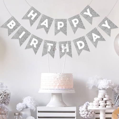 Image of Silver Happy Birthday Banner Happy Birthday Sign for Backdrop Silver Birthday Decorations for Women Men Birthday Party Garland Bunting Banner Kids Adults Party Supplies