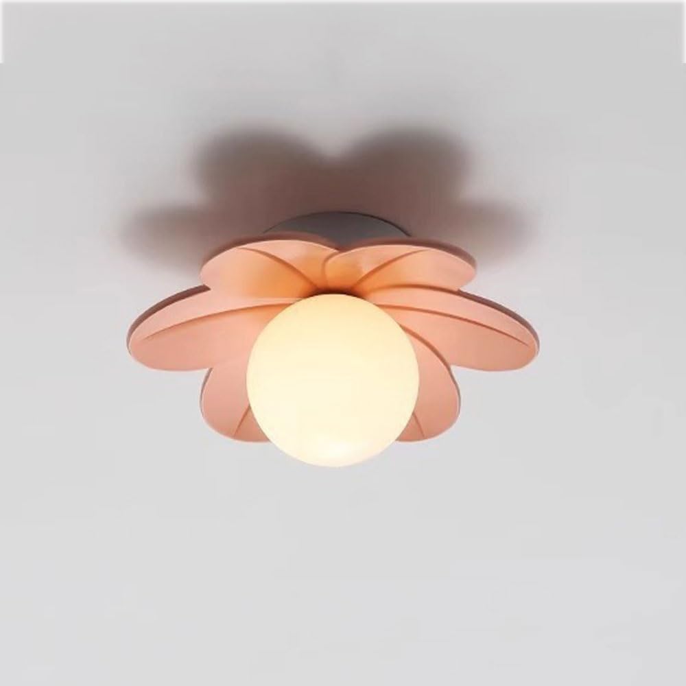 NHPJFDC White Flower Flush Mount Ceiling Light Modern Petal Fixture with Milk Glass Globe Close to Ceiling Lamp for Bedroom Nursery Hallway Kids Room E26 Base(Pink)