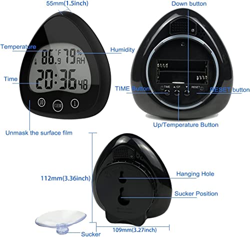 Senicare Digital Timer Kitchen With Loud Alarm, Shower Timer Shower Clock Bathroom, Waterproof Water Splashes, Small Digital Wall Clock With Lcd Screen, Temperature Humidity, Suction Cup,Black Zh037B #TOP1