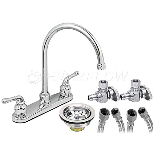 Flash Deals - 40% OFF EverFlow Two Handle Kitchen Faucet Complete Installation Kit Chrome Plated Finish KFKT17187-20P, with 20" Supply Lines 1/4 Turn PEX Angle Stops and Stainless Steel Sink Strainer Lead-Free Construction