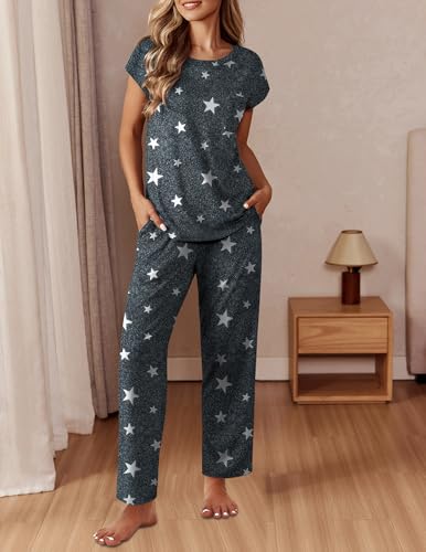 Image of Ekouaer Womens Pajama Sets Cap Sleeve Sleepwear Tops and Long Pants Comfy Pjs 2 Piece Lounge Set with Pockets S-XXL