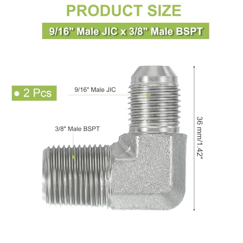 Image of PATIKIL 90 Degree Pipe Adapter, 2 Pcs 9 /16 inch Male 37 Flare JIC x 3 /8 inch BSPT Male Connector Carbon Steel Elbow Fitting for Air Hydraulic Fluid Fuel Water Oil, Silver