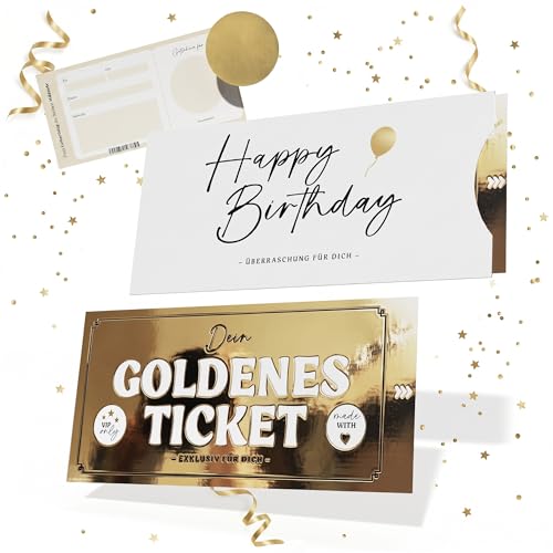 Creatastic Goldenes Ticket Geburtstagskarte Set Gutschein Karte Geburtstag zum Selbstausfüllen mit Schuber & Rubbelaufkleber personalisierte Geschenke Gutschein zum selber ausfüllen
