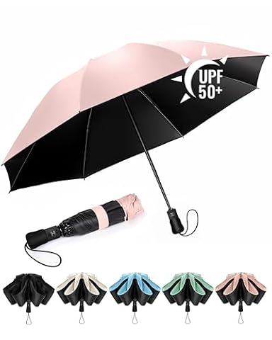 Chakipee Damski parasol składany przeciwwiatrowy - wiatroszczelny parasol odwrócony, kompaktowy przenośny automatyczny parasol podróżny dla mężczyzn, powłoka 210T, odporna na promieniowanie UV, Różowy