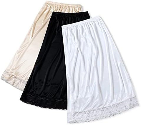 clothmile 3 Pack Women’s 3 Pack Calf Length Underskirt Lace Trim Satin Slips Long Satin Half Slip Elastic Waistband 25.6Inch