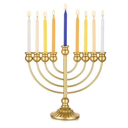 Sziqiqi Hanukkah Menorah 9 Brazos: Candelabro 26cm Alto Portavelas Judío de Oro Candeleros Janukia para Hannukah Centro de Mesa