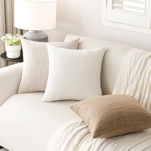 Image of Foindtower Set of 2 Decorative Textured Burlap Linen Throw Pillow Covers Farmhouse Boho Cushion Cover Solid Accent Pillowcase for Couch Sofa Bed Living Room Home Decor,20x20 Inch,Cream White