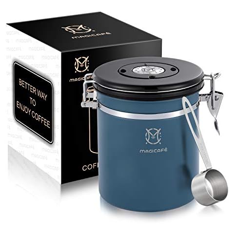 Magicafé Airtight Coffee Storage Container - with Co2 Valve Coffee Bean Grounds Storage Canister Medium Blue 16oz Cover