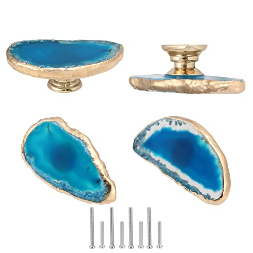 Malimali Unique Blue Agate Cabinet Knobs and Pulls Set of 4,Knobs for Cabinets and Drawers Gold Dresser Knobs Bifold Door Knob for Closet Kitchen Cupboard