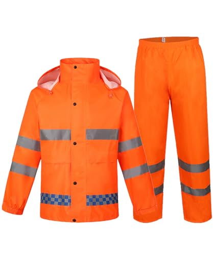 OlyljpinZ Regndräkt för män, regnkombination, långärmad, vattentät med elastisk midja, huvjacka, kostym, regnkläder, regnjacka + regnbyxor, 2-delat set med jacka och byxor, apelsin, L