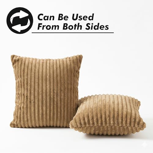 Image of Yellow Weaves Pencil-Stripe Fur Cushion Covers | Soft Polyester | Decorative Sofa & Throw Pillow Covers | 16x16 Inches, Pack of 2 (Golden Brown)