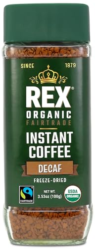 Rex Organic Fairtrade Decaf Freeze-Dried Instant Coffee – Naturally Decaffeinated Arabica, 3.53 oz Glass Jar – Mountain Water Process