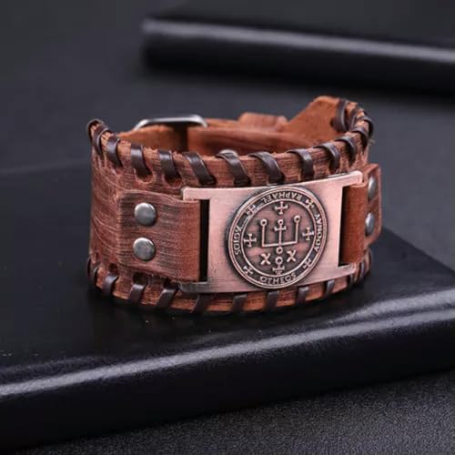 Ancient Talisman Seal of Solomon The Sigil of Archangel Raphael Charm Bracelet -Brown Leather, Antique Copper3