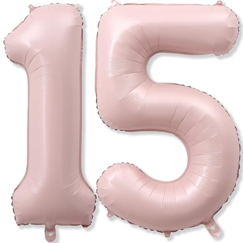 Light Pink Sweet 15th Birthday Balloon for Girls 40 Inch Self Inflating Mylar Number 15 Balloons Big Blush Pastel Pink Foil 1 & 5 Helium Balloon 15 for Coquette 15th Birthday Party Decorations