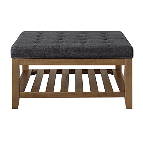 24Kf Large Square Upholstered Tufted Linen Ottoman Coffee Table, Large Footrest Ottoman With Solid Wood Shelf- Charcoal #TOP1